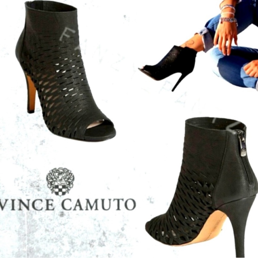 Vince Camuto leather, lazer cut heeled ankle booties